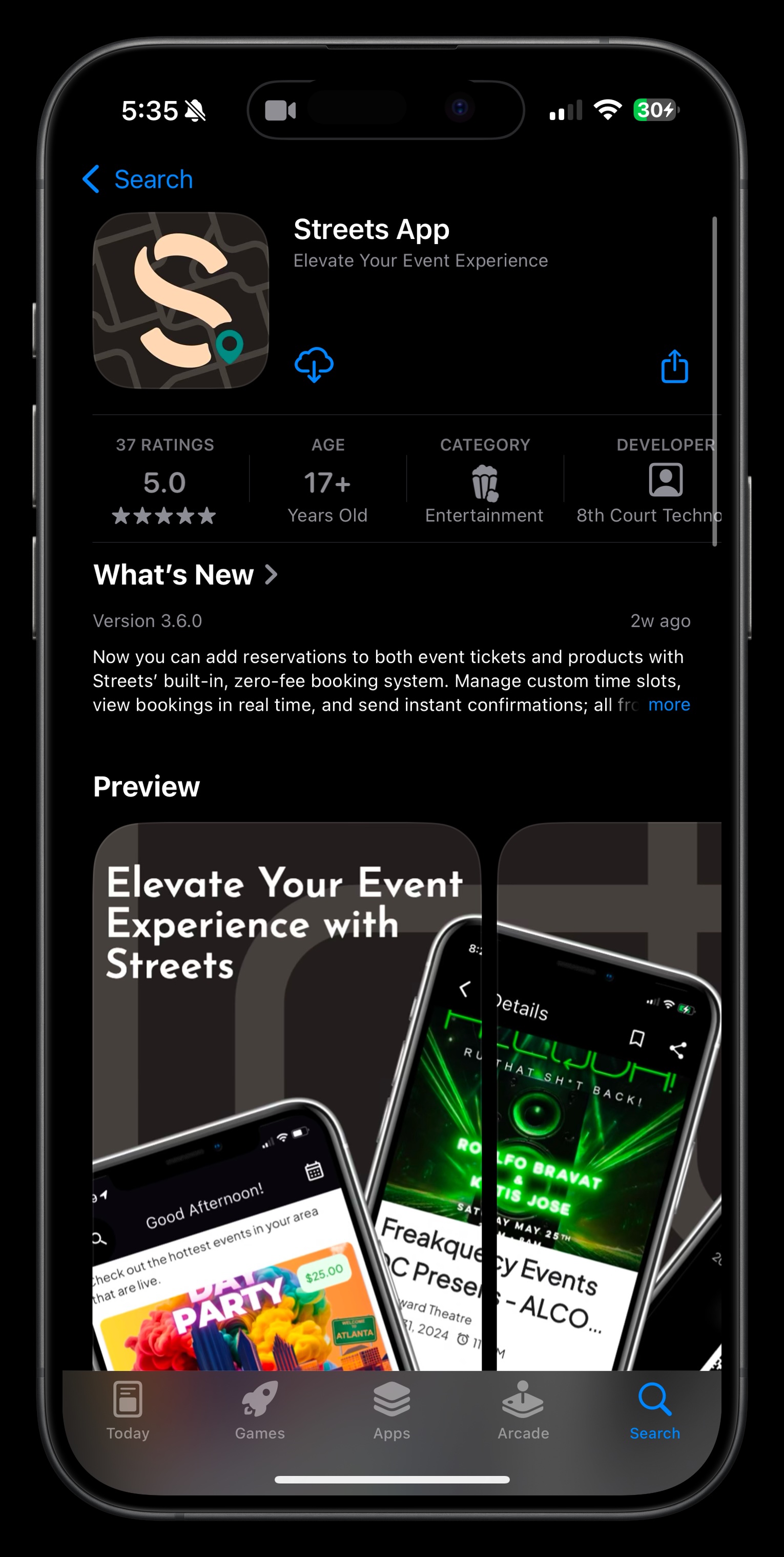 iOS App Store showing Streets app download page