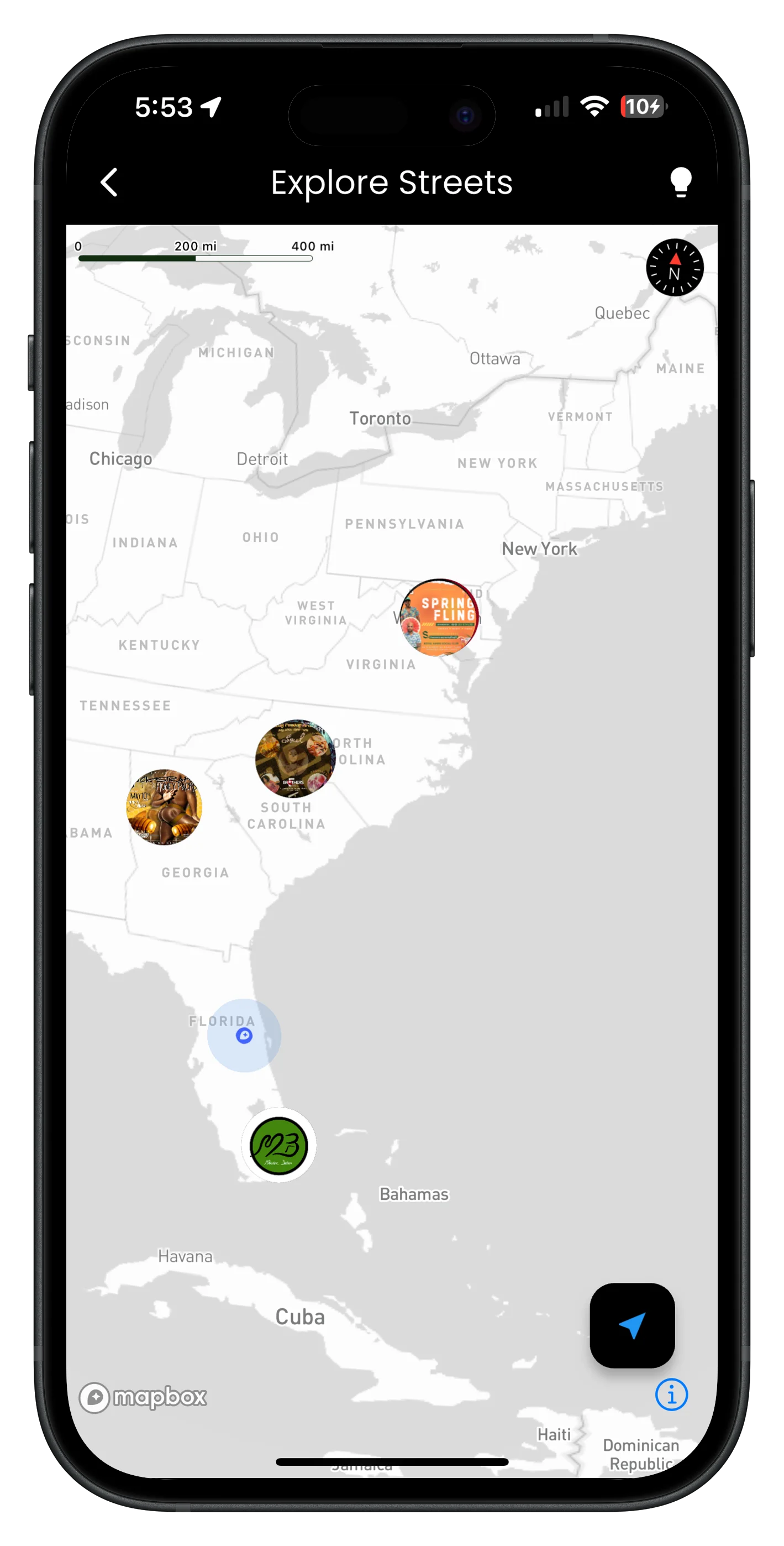 Streets app map view showing event locations