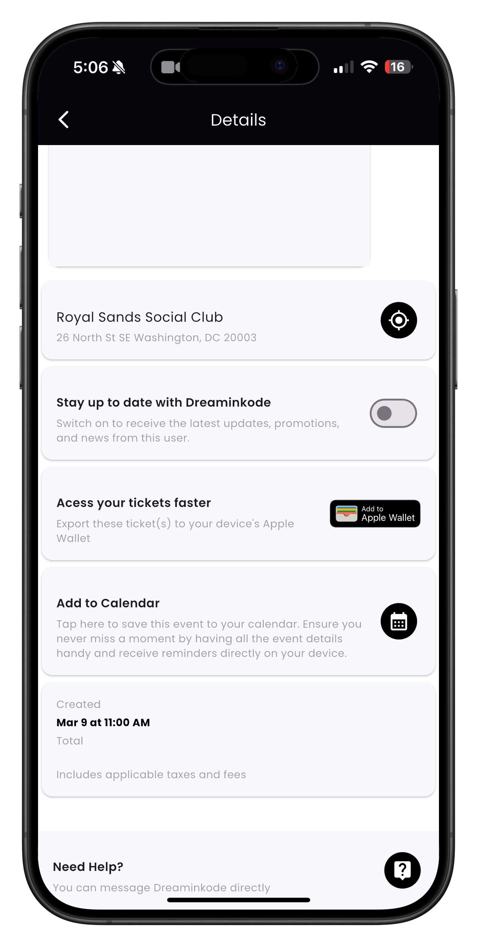 Ticket details screen in Streets app
