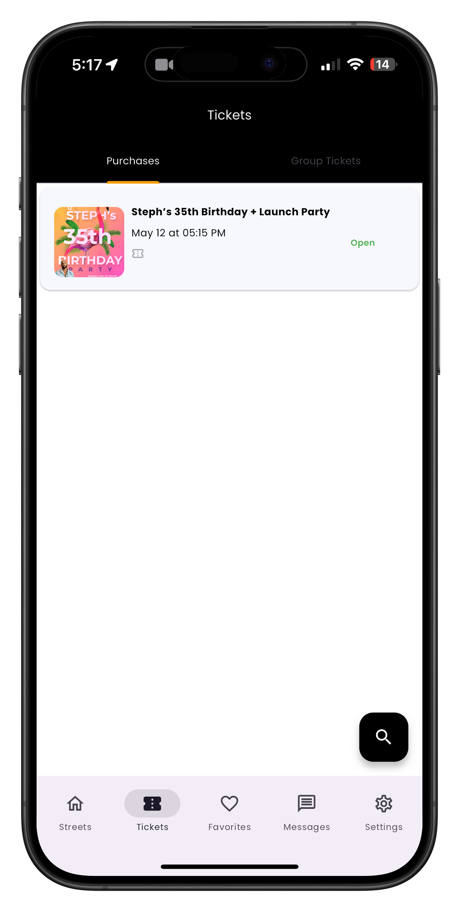 Ticket hub showing all your tickets