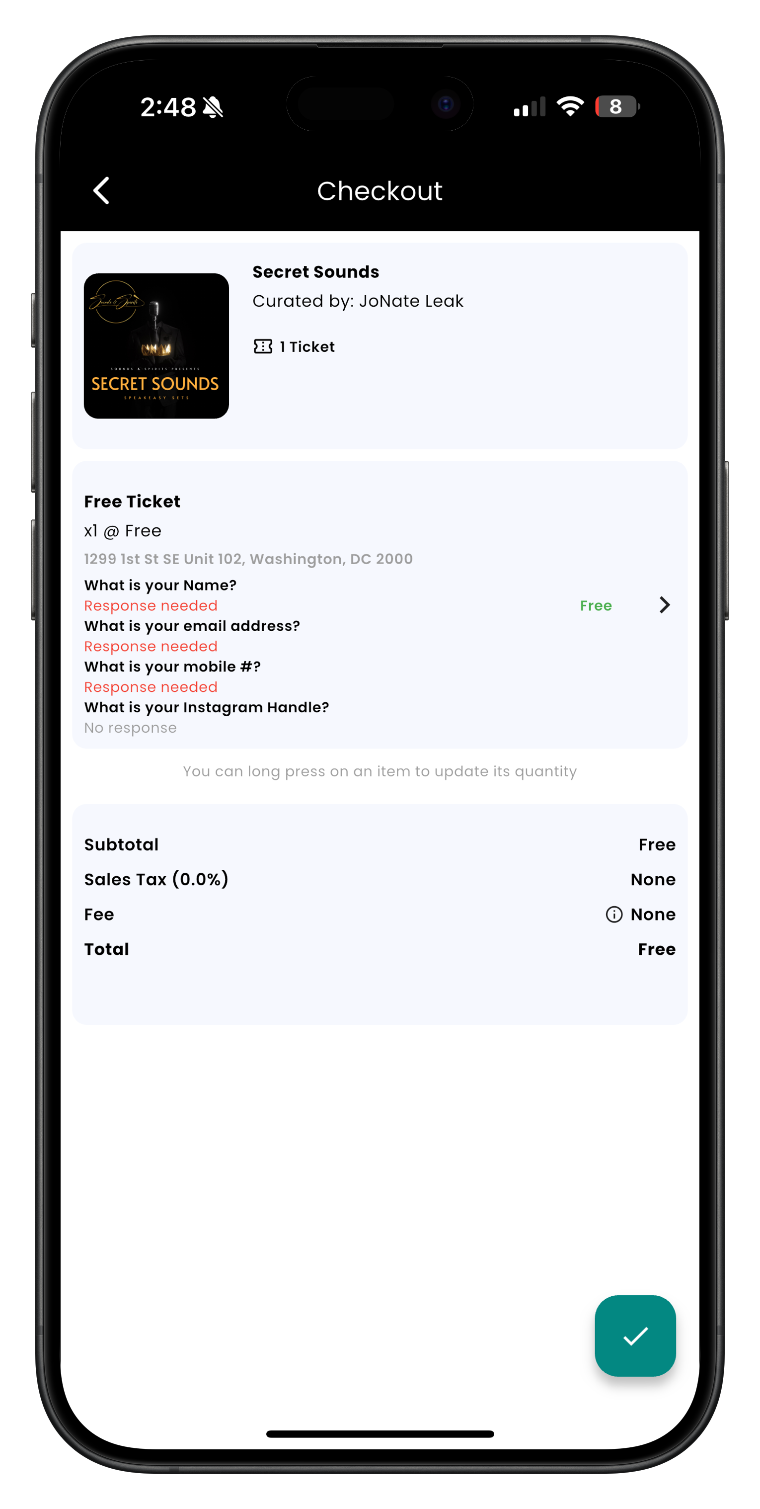 Ticket purchase checkout screen
