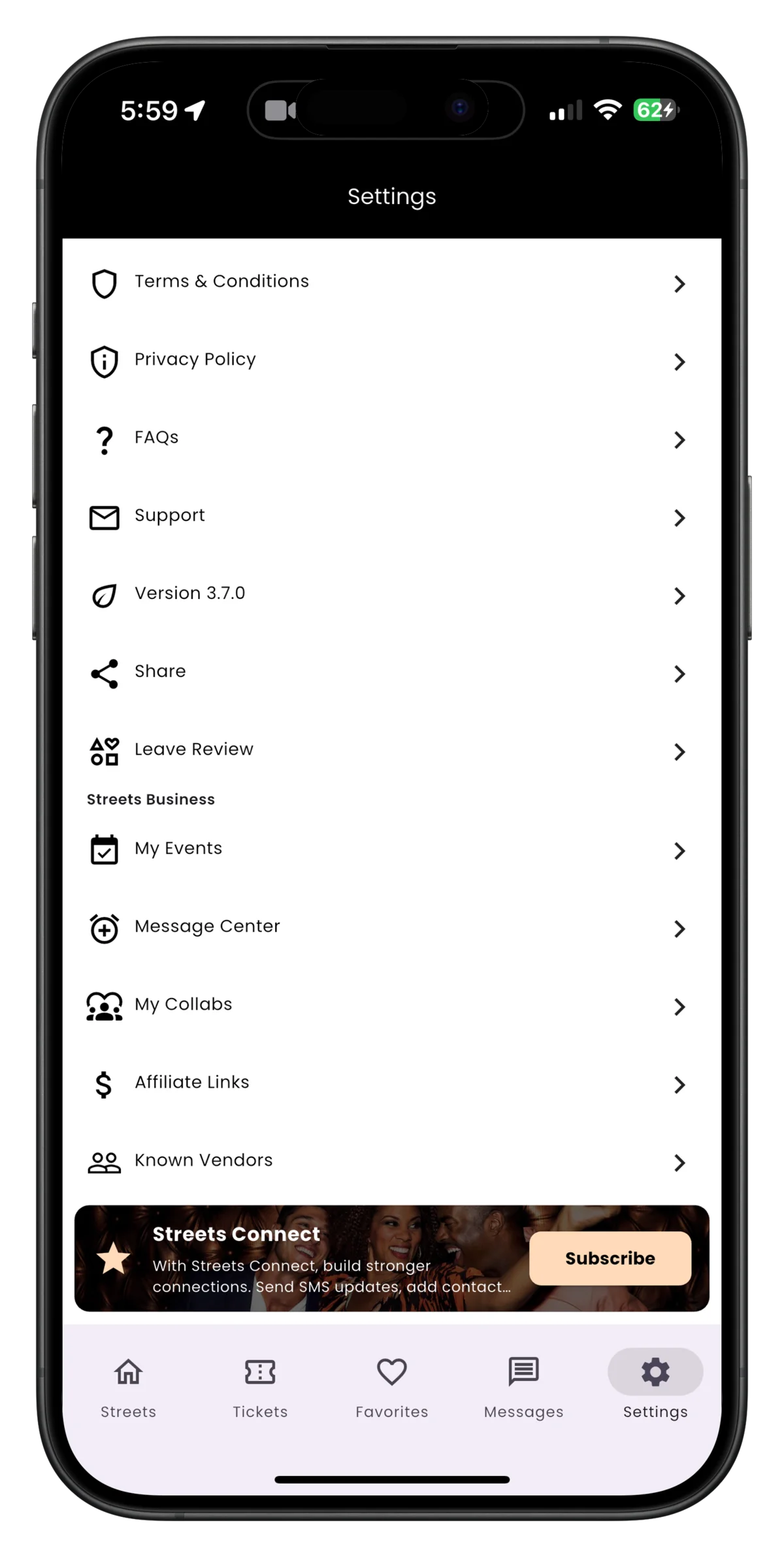 Streets app settings screen