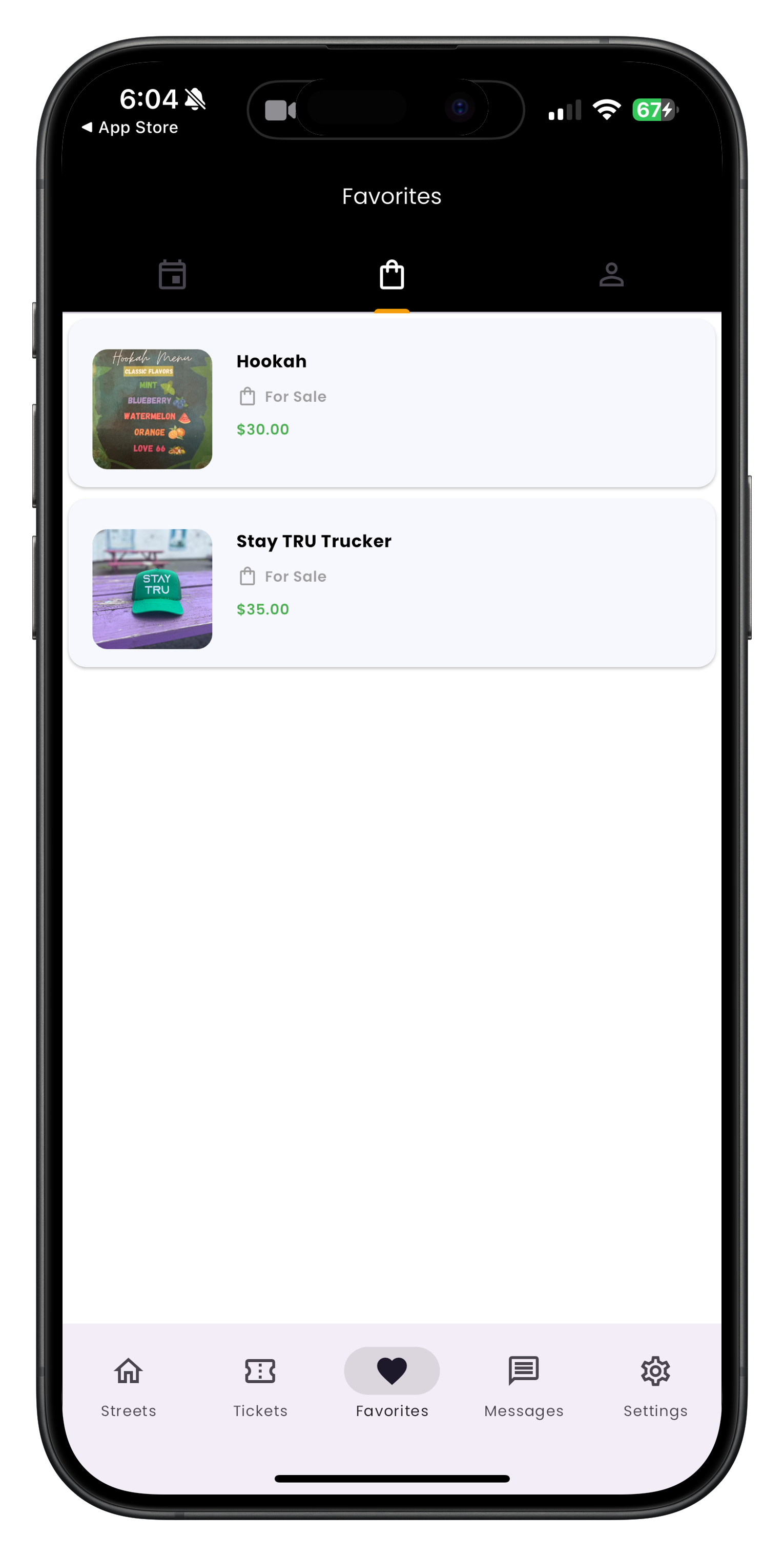 Favorites page with filtering options