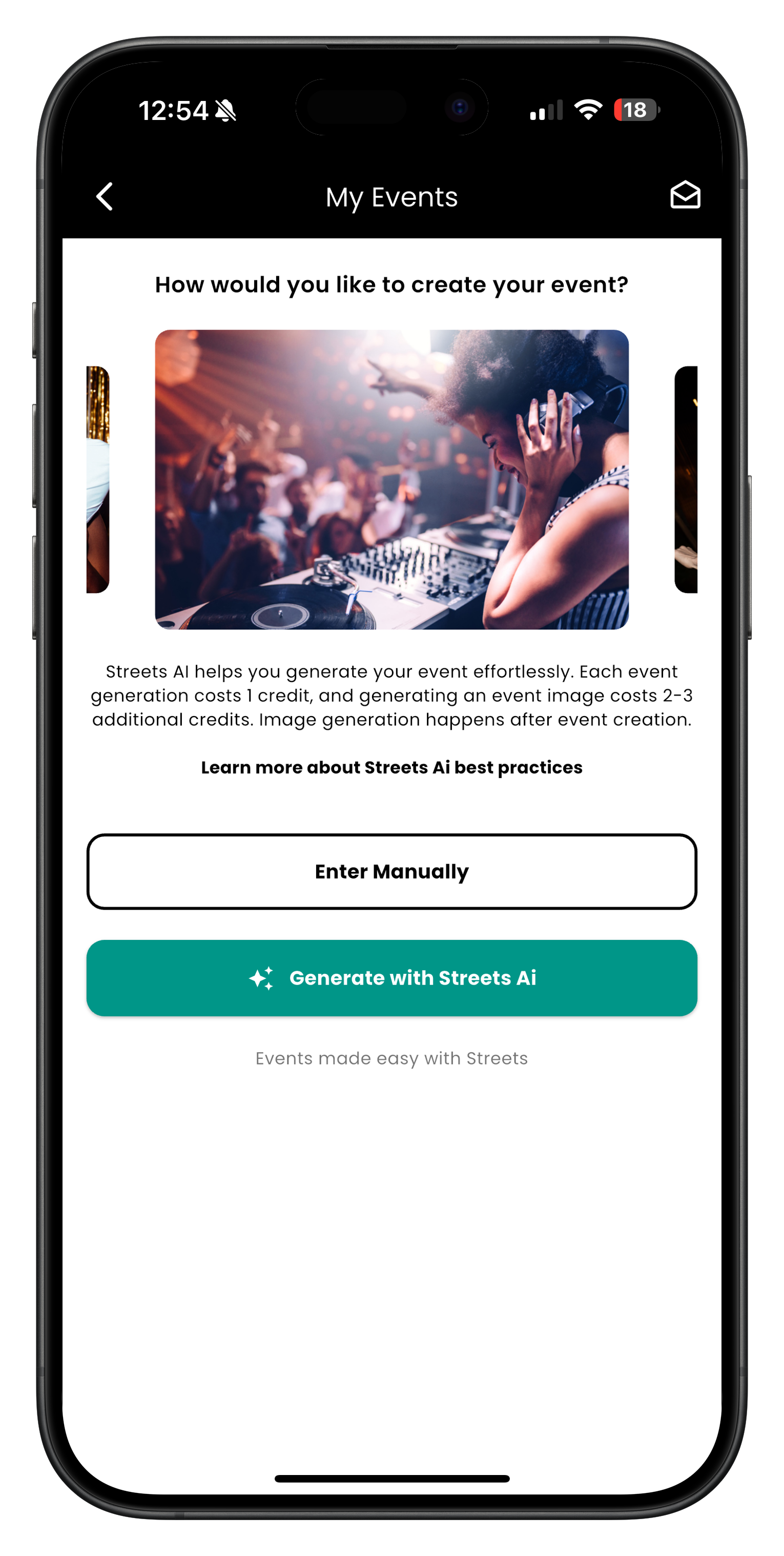 My Events screen with both buttons visible