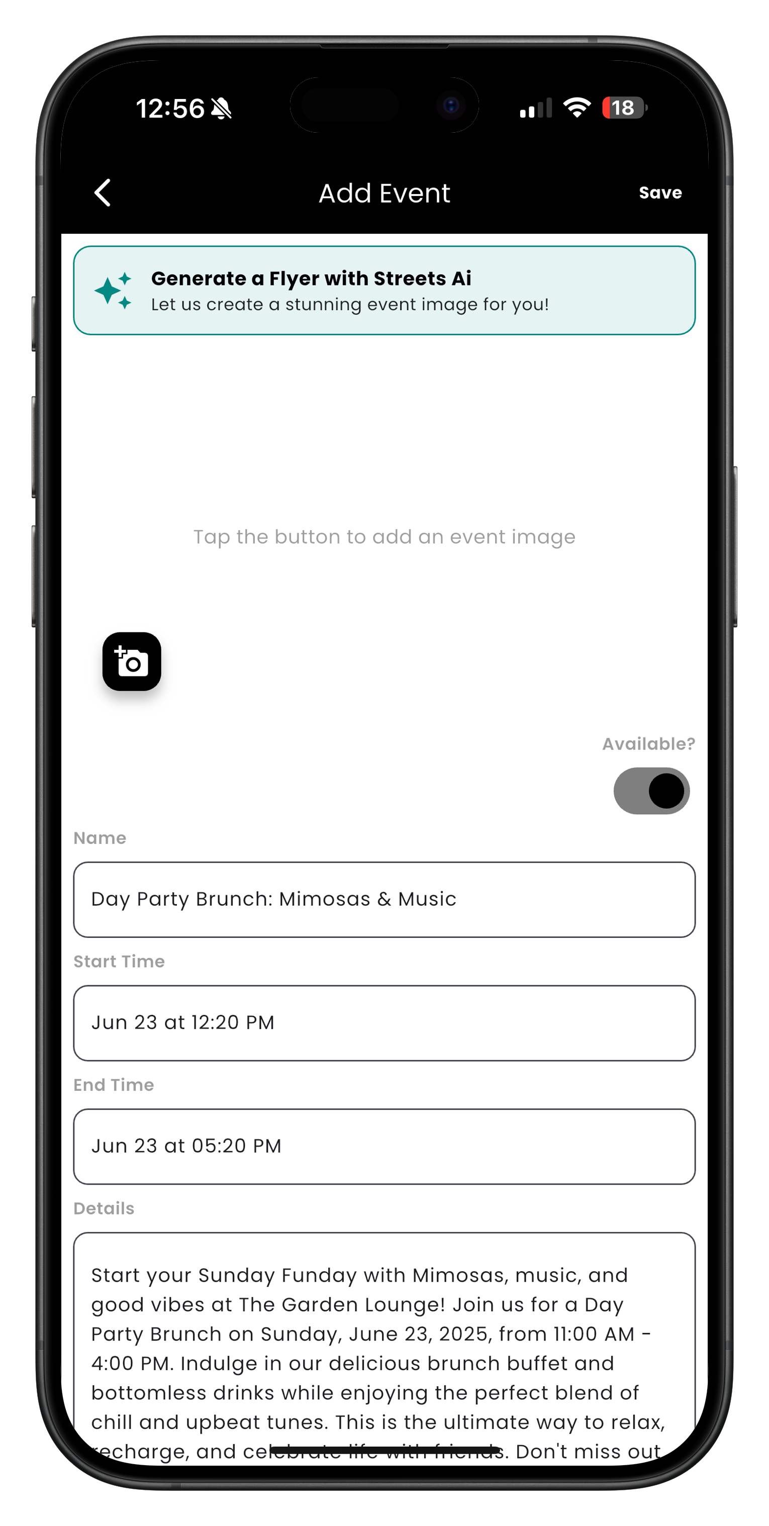 Add Event form with details filled in