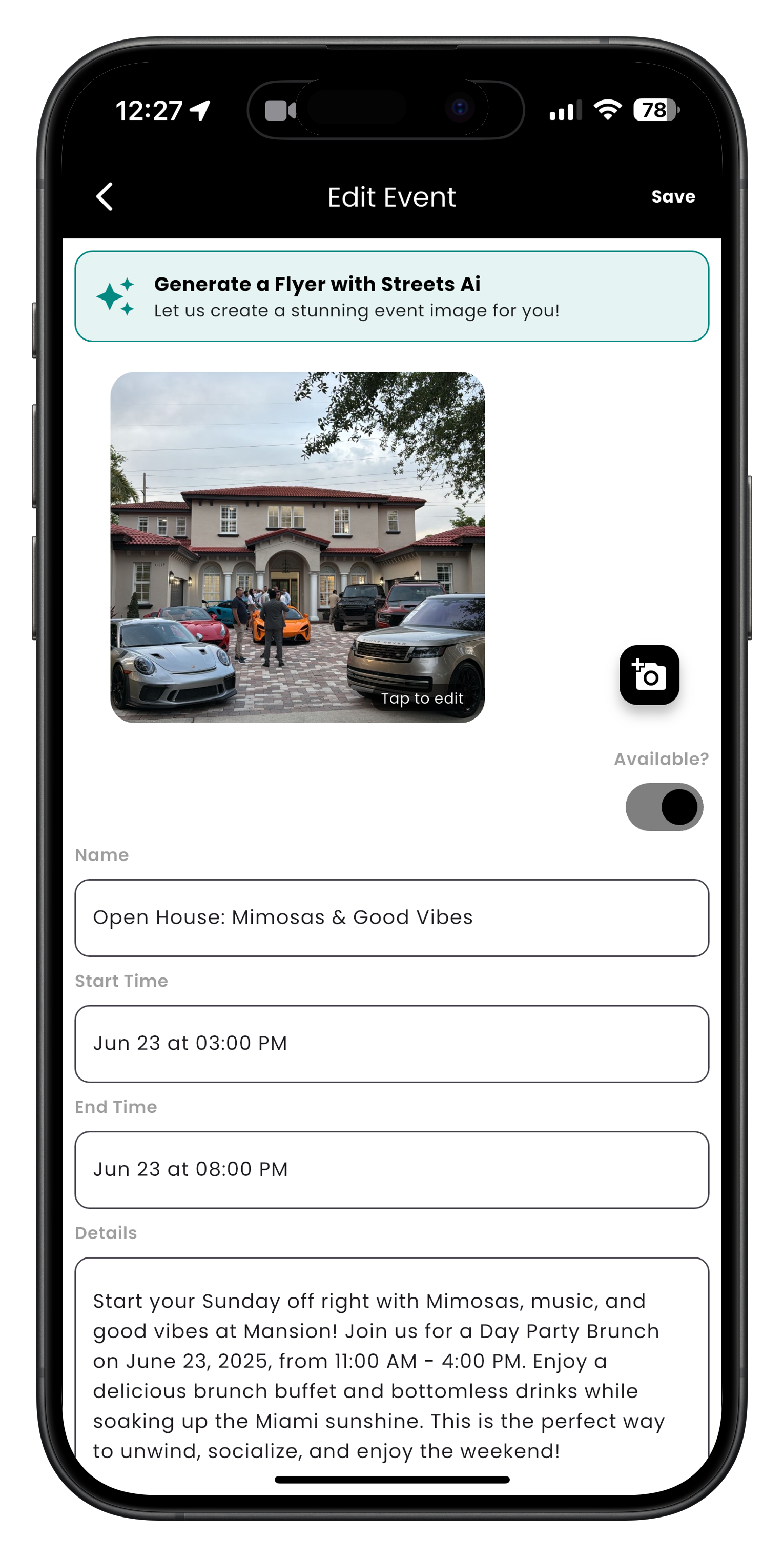 Edit Event screen with AI-generated flyer