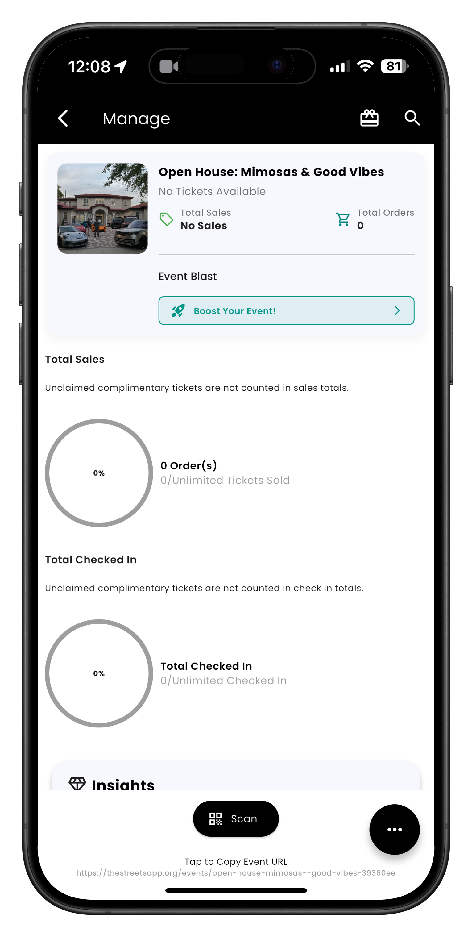 Event management dashboard with ticket information