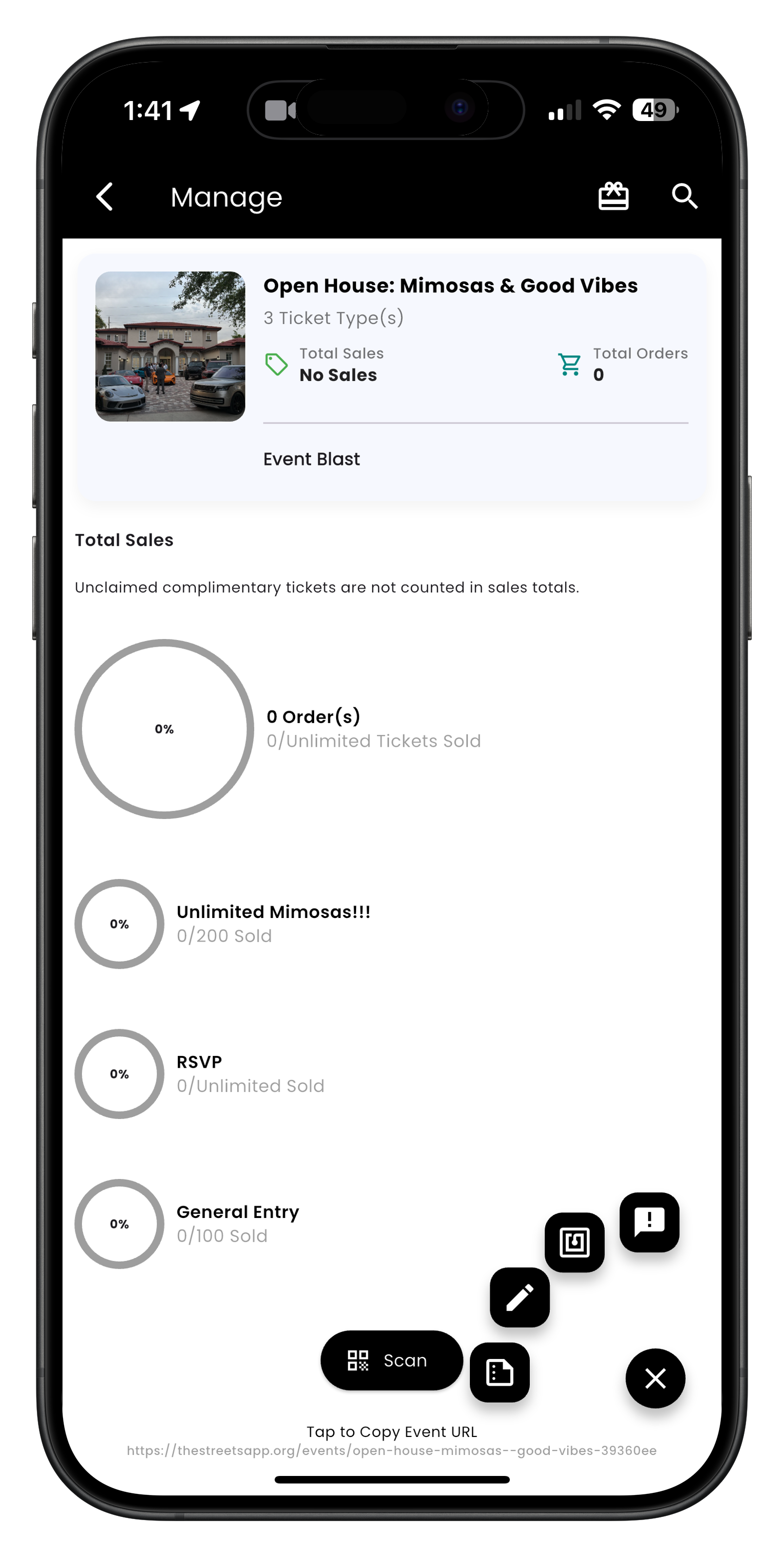 Manage event screen with attendee management options