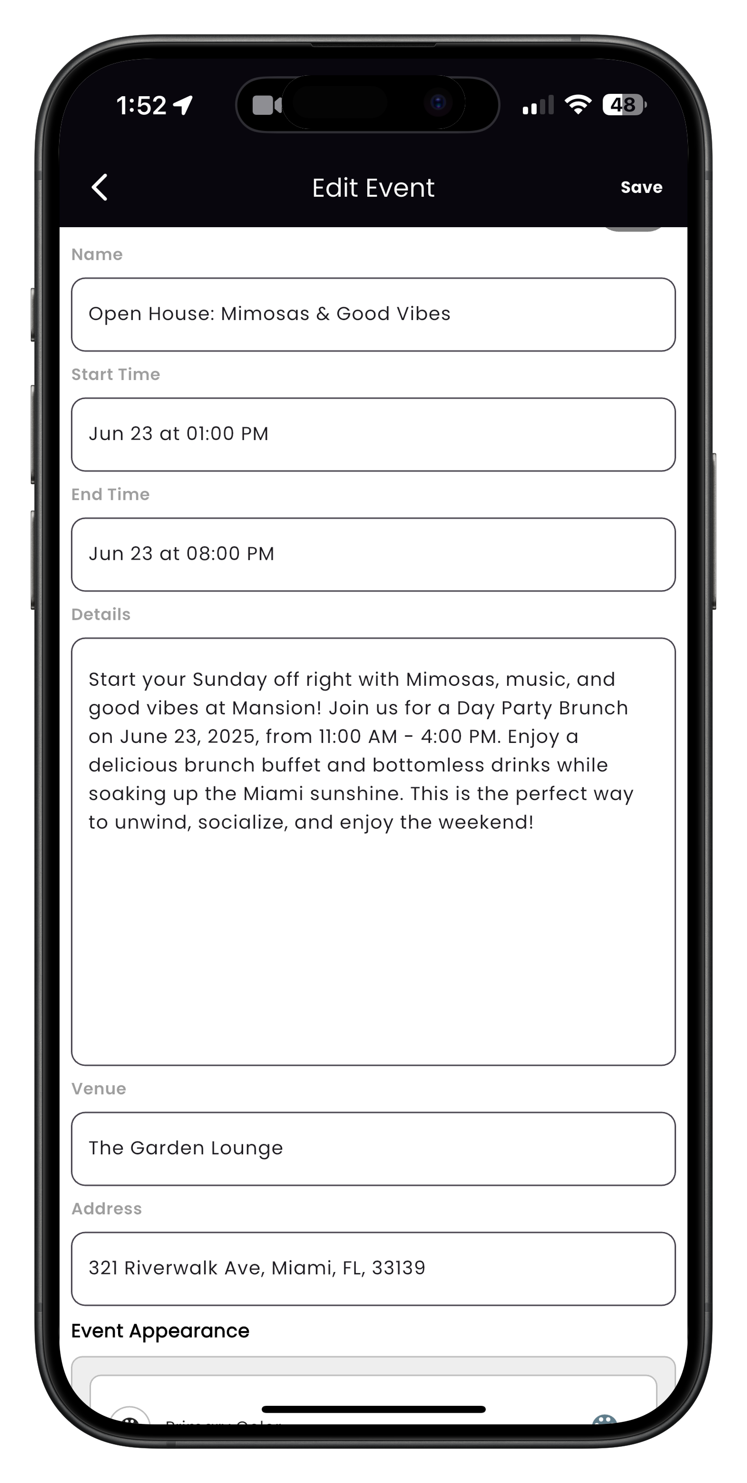 Edit event form with fields for editing event details