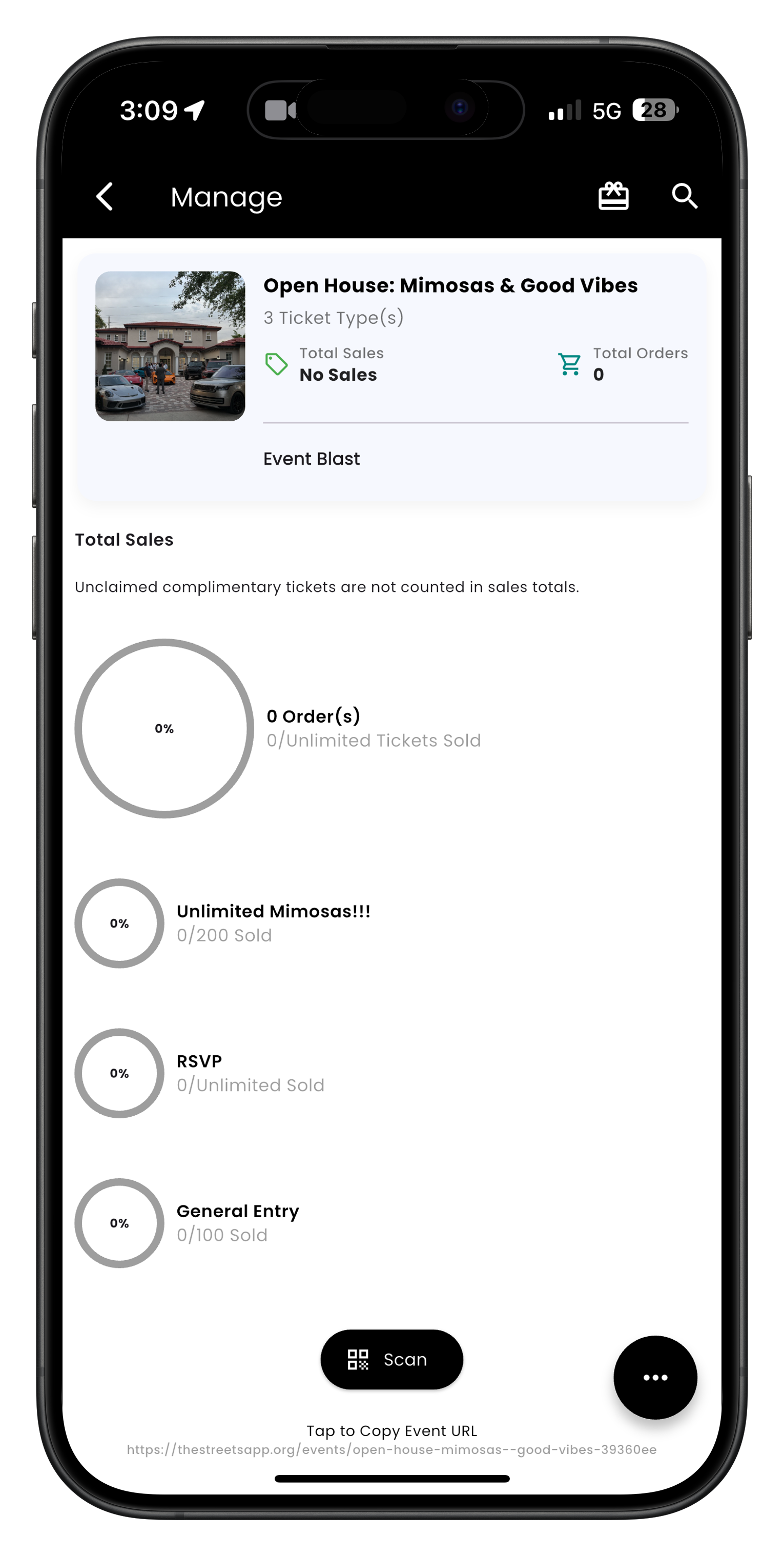 Event management screen with scan button