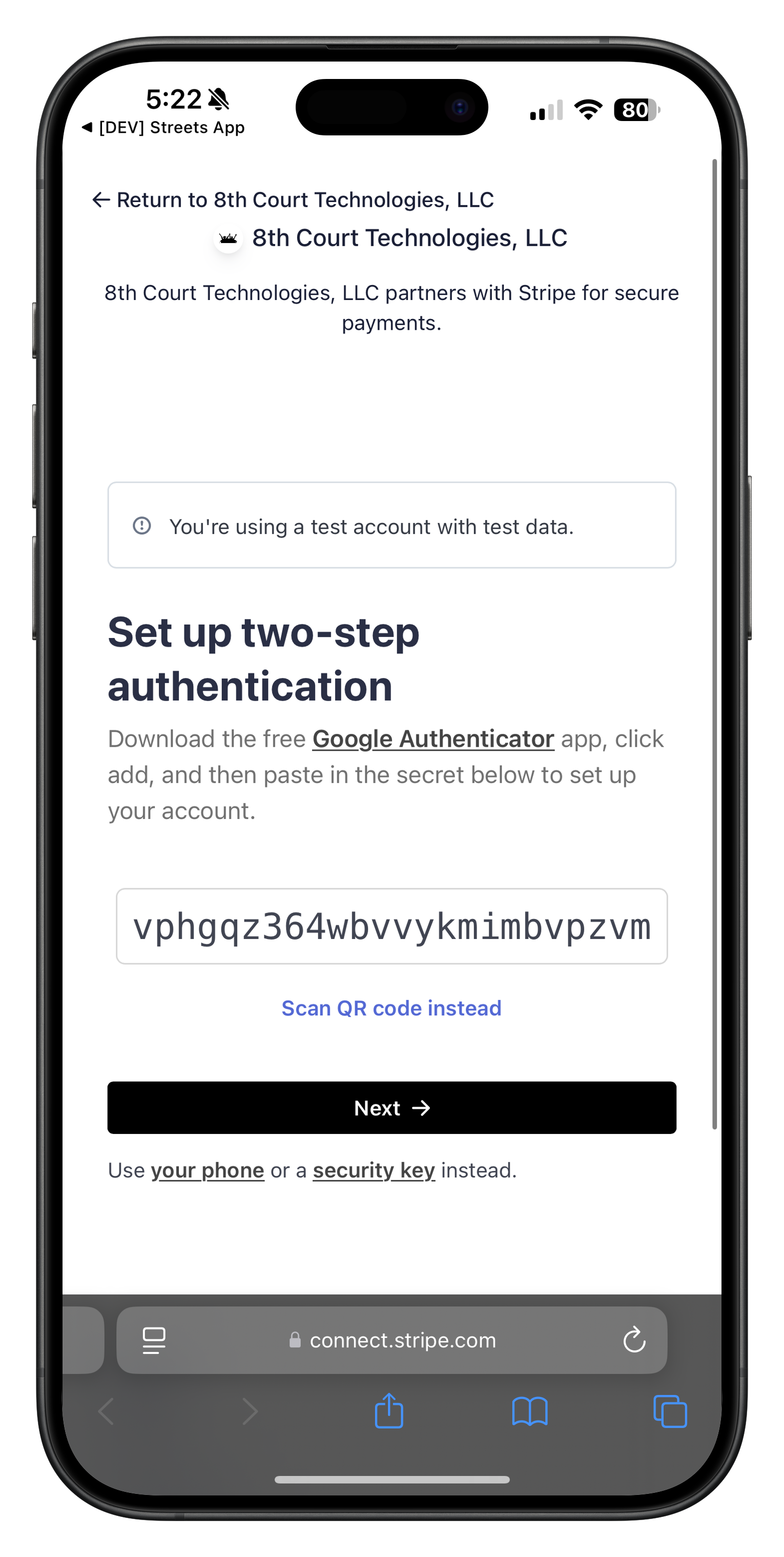 Stripe two-factor authentication setup
