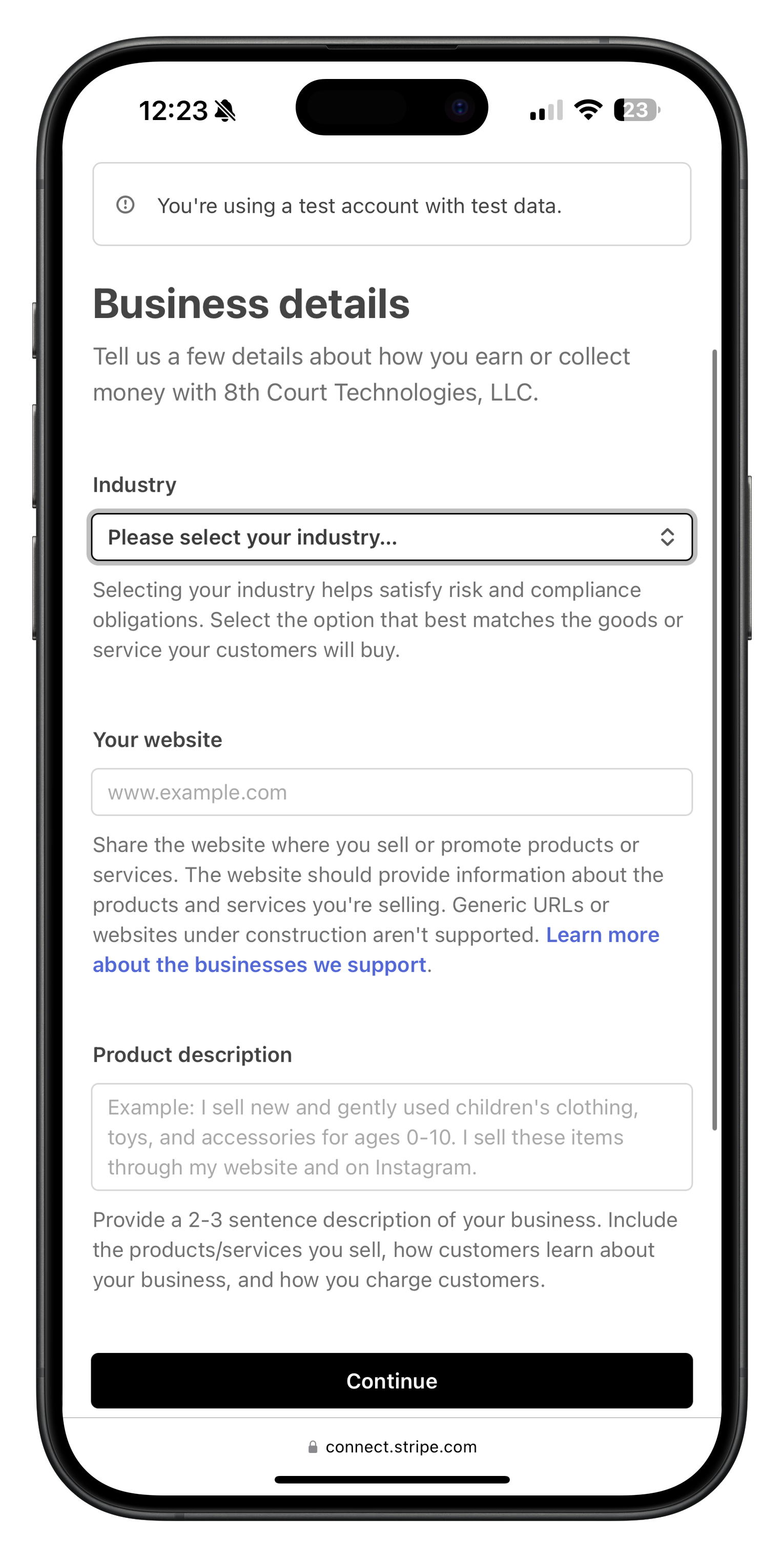 Business details setup screen