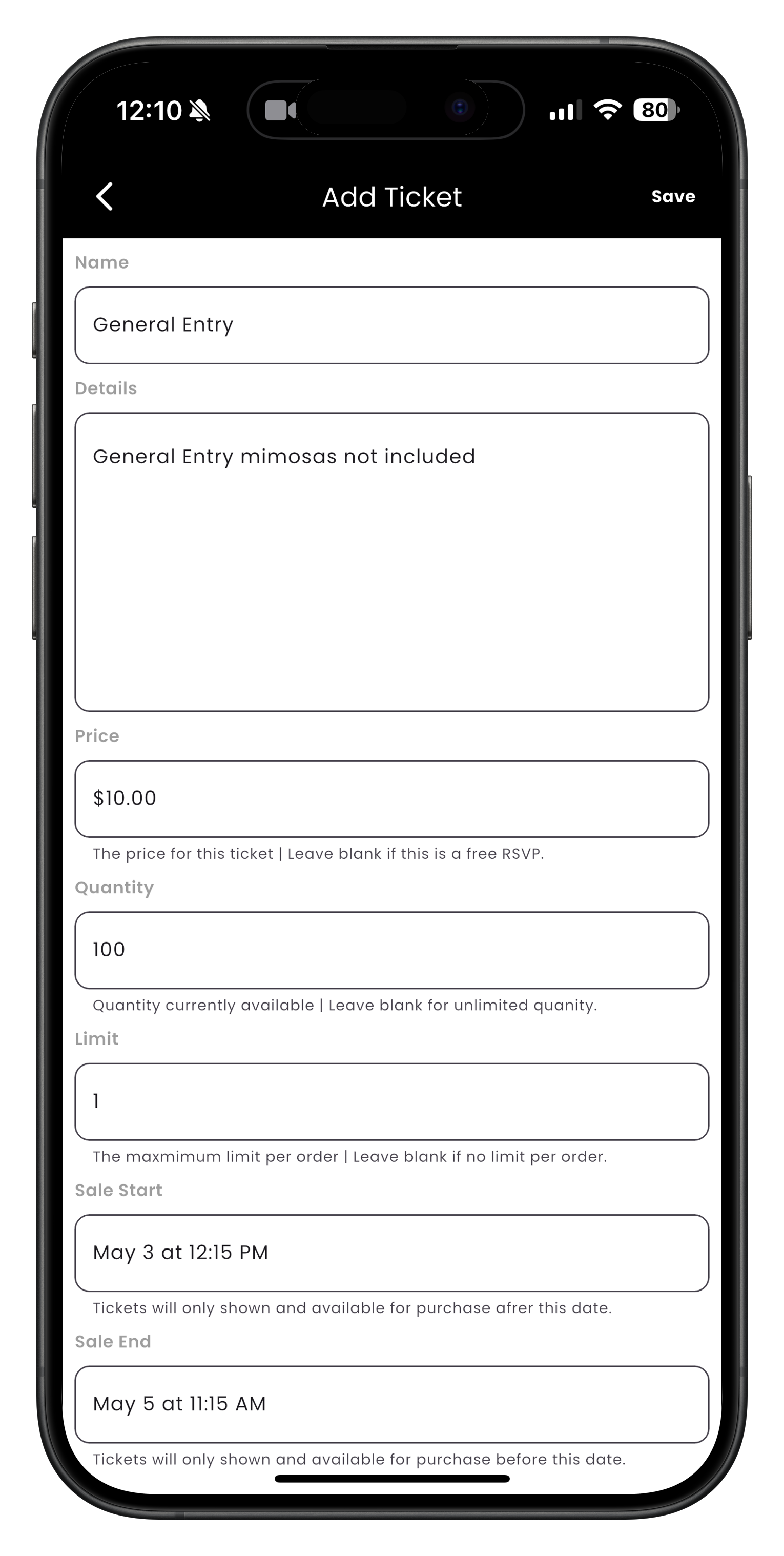 Adding a ticket tier in Streets app