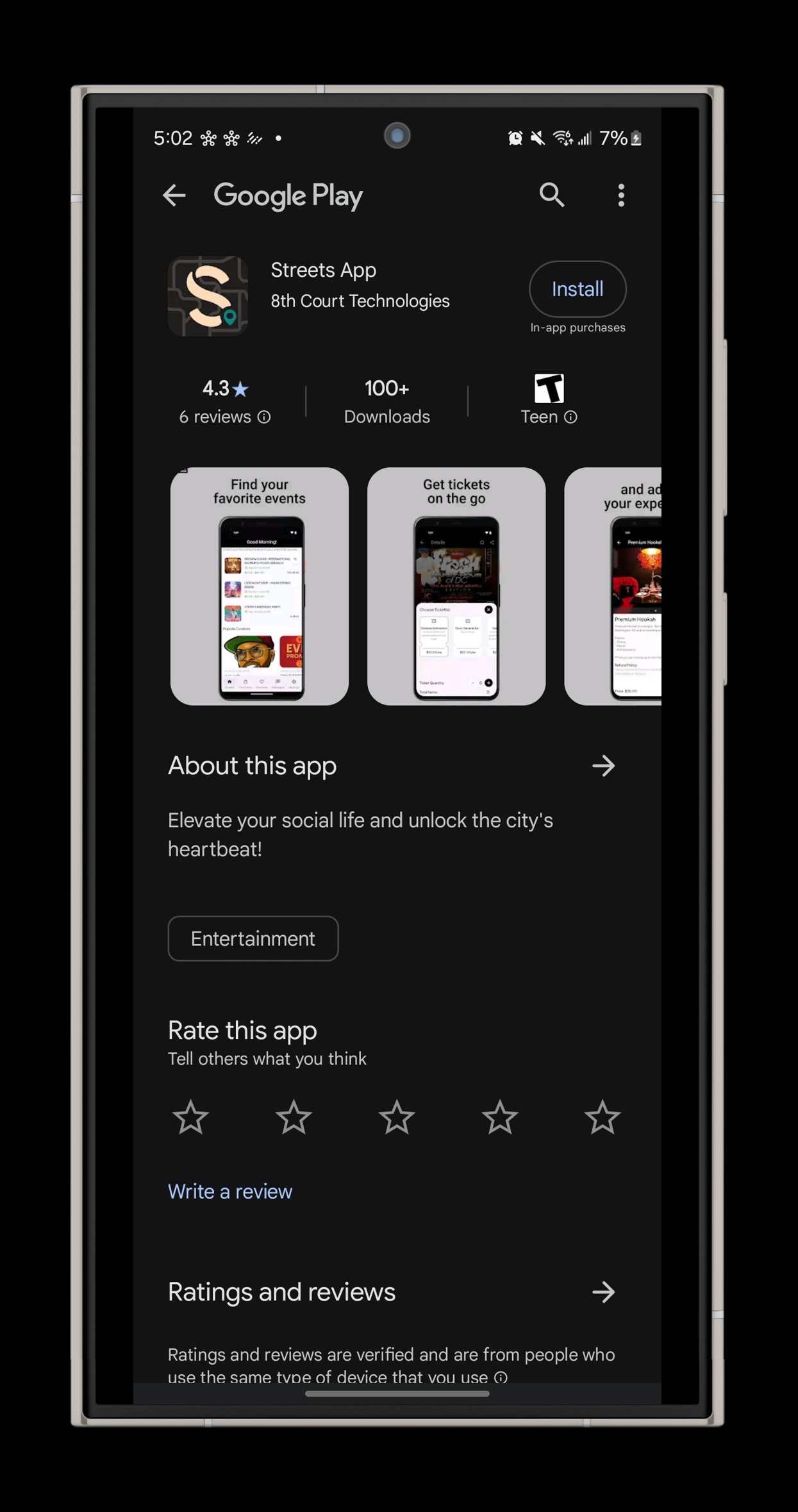Google Play Store showing Streets app download page