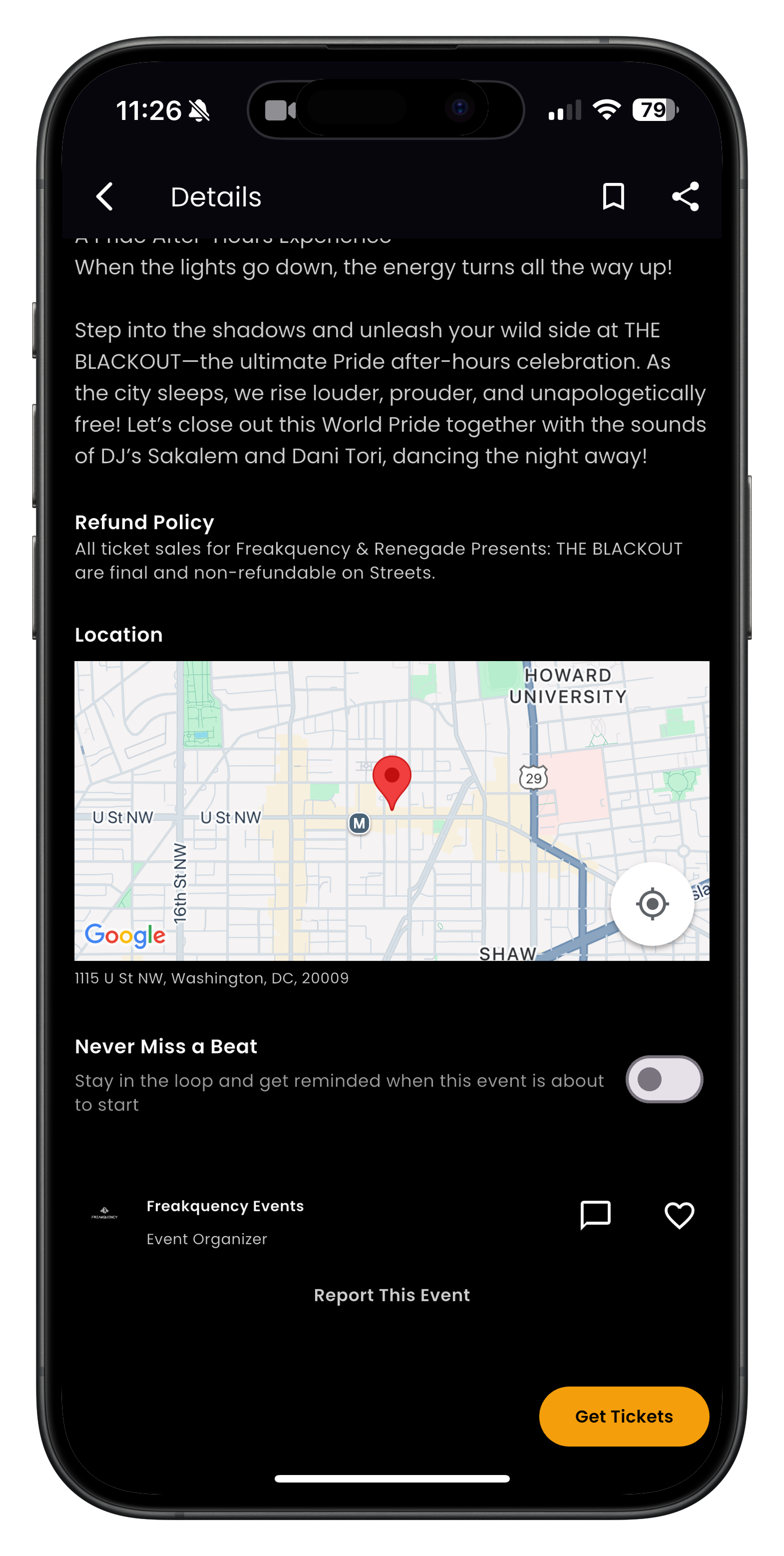 Event page with contact organizer option
