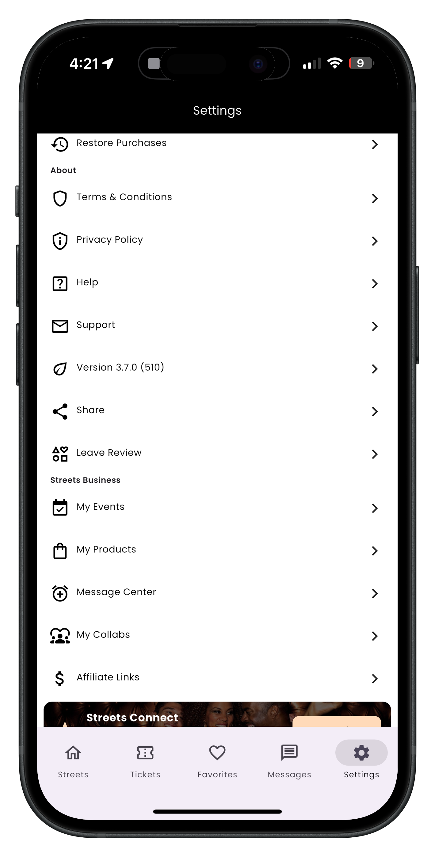 Settings page showing My Products option