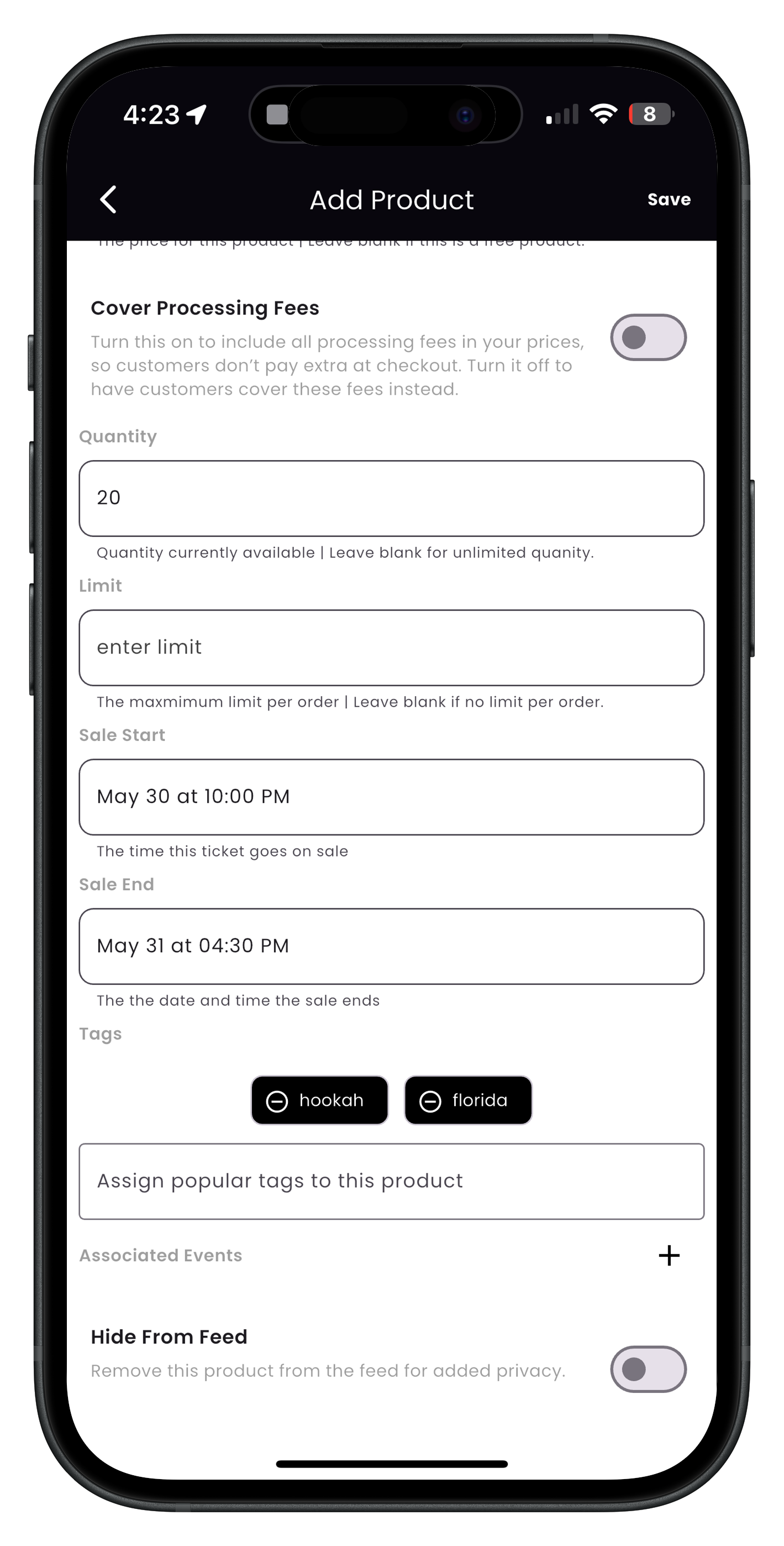 Product details and pricing form