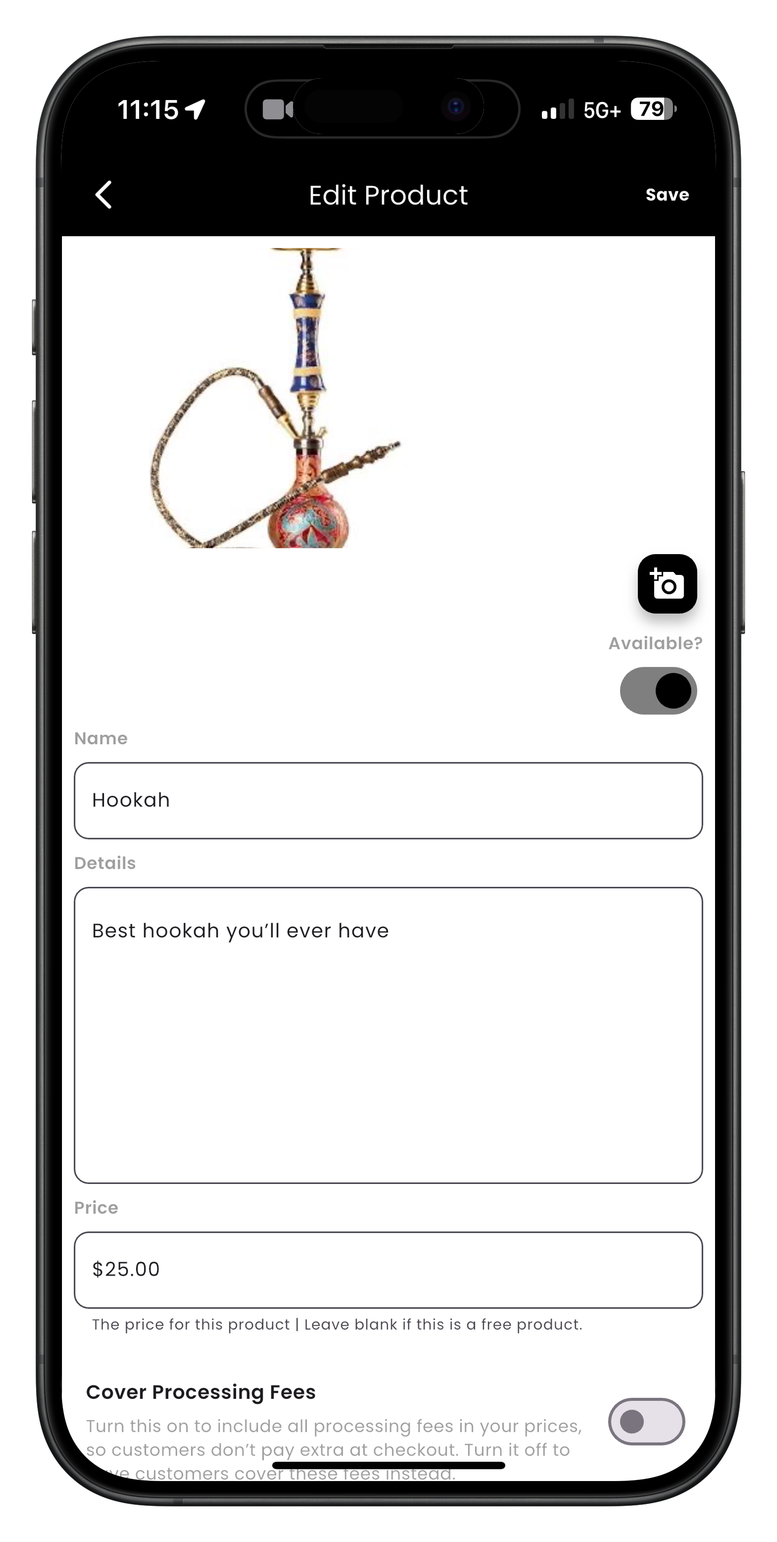 Product edit screen with basic information