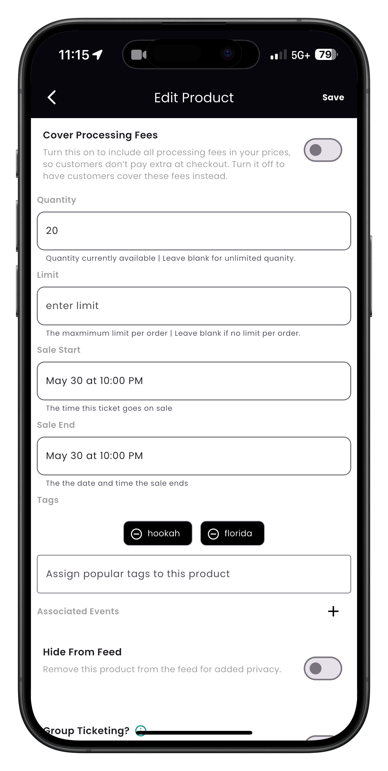 Product edit screen showing pricing and inventory options