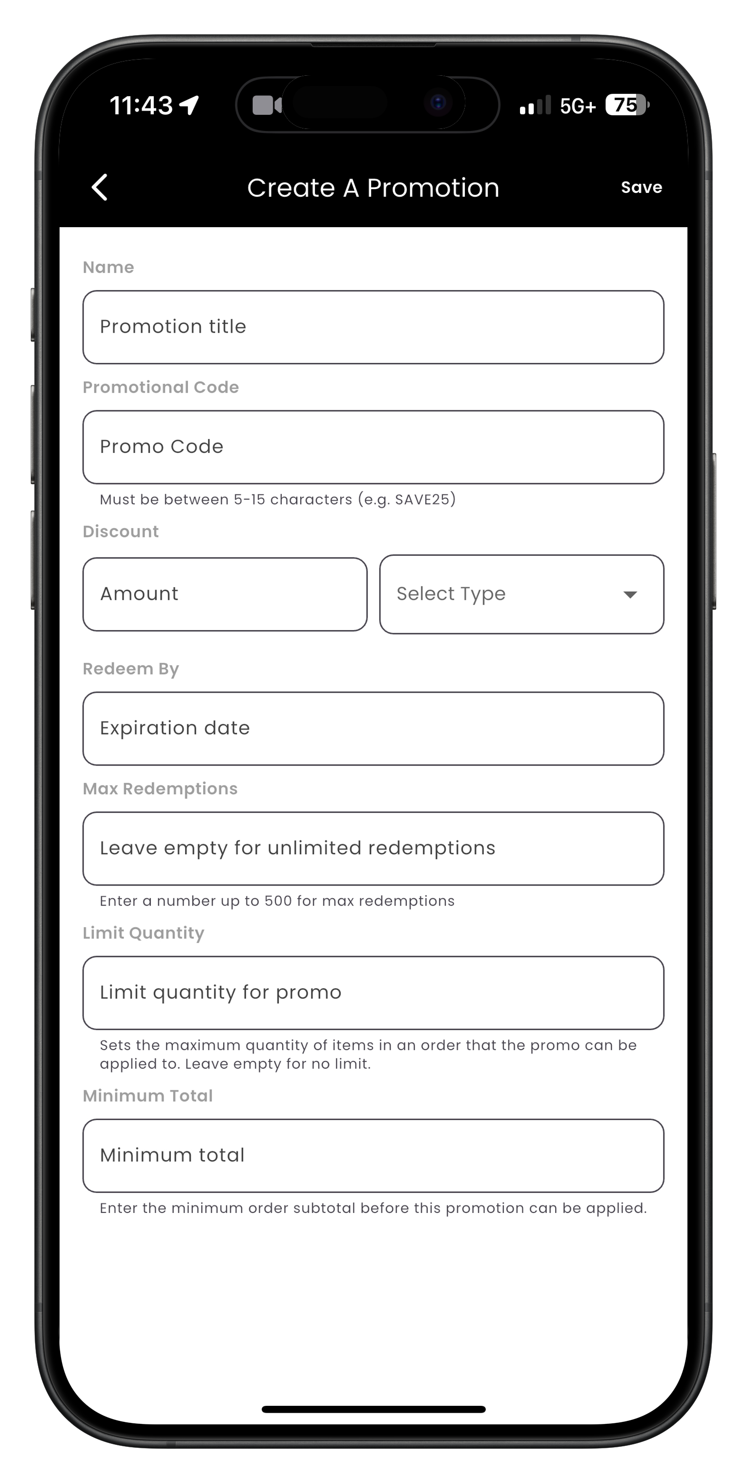 Promotional codes management screen showing active promotions and their details