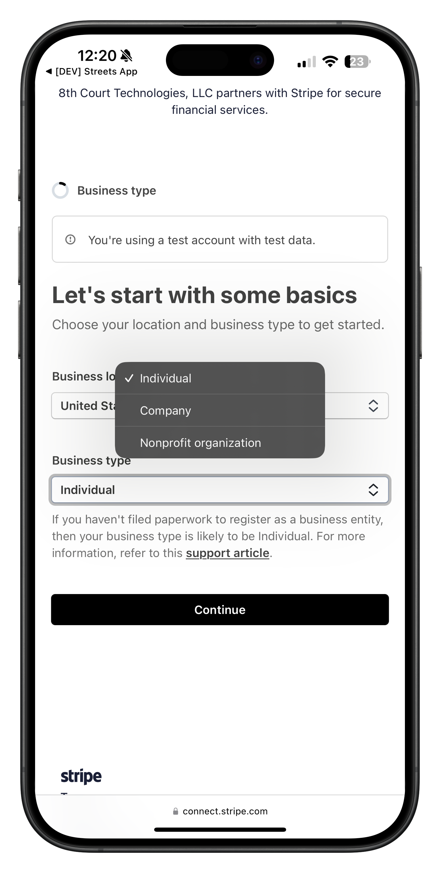 Stripe business type selection